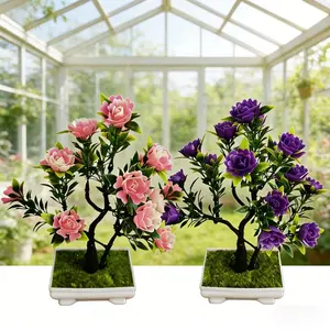 2pcs Artificial Pink/Purple Rose Bonsai Set, Faux Plastic Potted Roses, Indoor Home Desktop Decoration, Lucky Money Tree Ornament