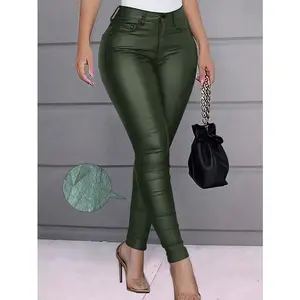 Apperloth Women Army Green PU Leather Skinny Long Pants Trousers Leggings