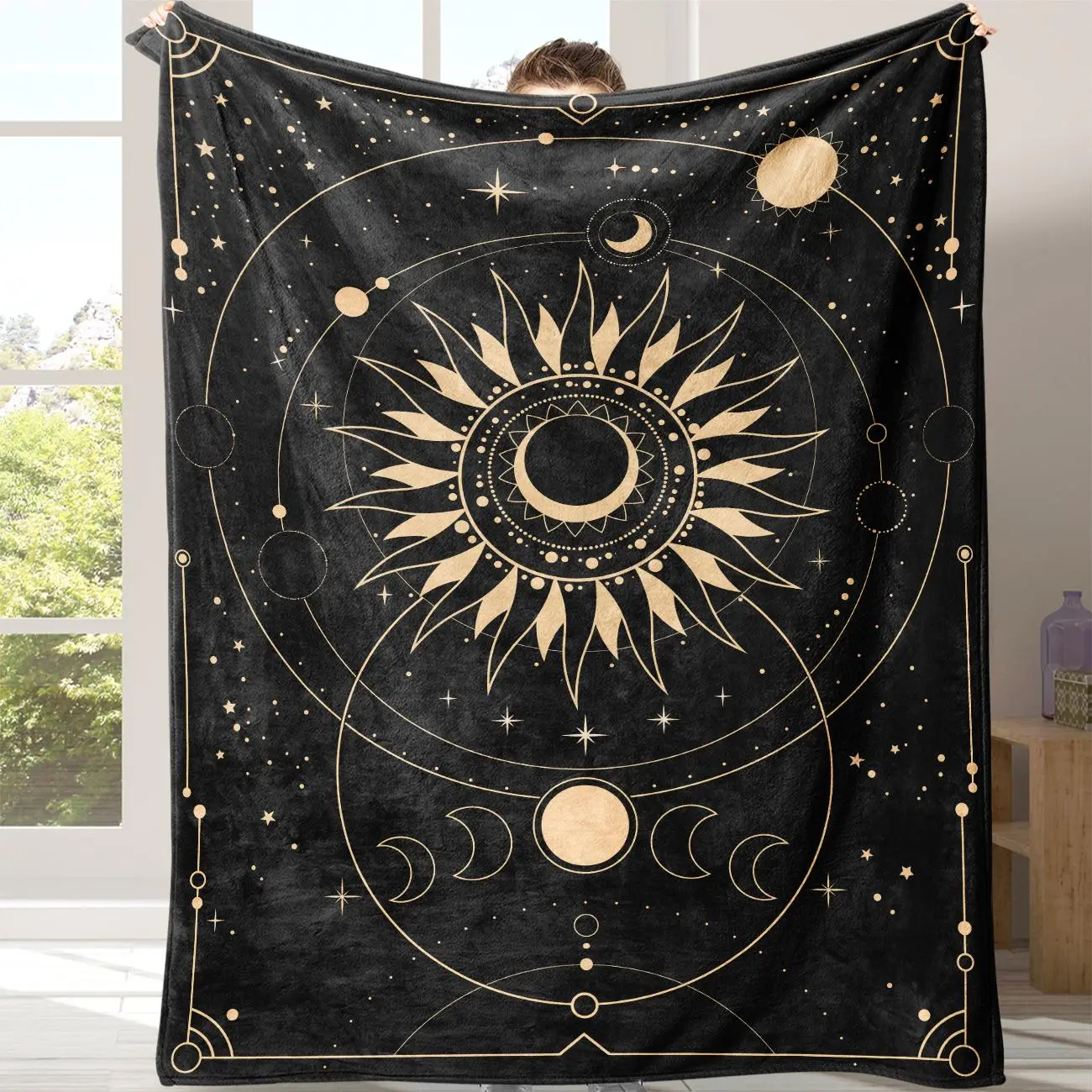 Celestial Flannel Cosmic Star Night Throw Blanket - Sun-Moon Phase Design, Soft Cozy for Couch, Boho Bedroom Decor Gift for Astrology Lovers, Cosmic Throws, Star Night Throws