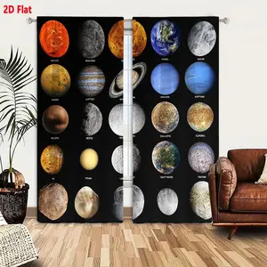 2D Flat 2-Piece Blackout Curtains with Celestial Body Pattern, Gray Blue Red Cratered Planets Earth Venus Mars Jupiter Saturn Design, Light Filtering Thermal Insulated for Bedroom Living Room, 4 Rows 5 Columns Solar System Printed Curtain Panels (2