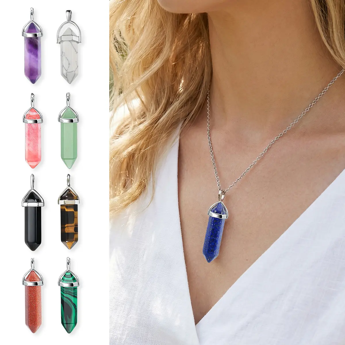 Unisex 1-Piece Natural Stone Necklace - Hexagonal Pillar Pendant with Bullet Accents, Glossy Multi-Color Crystal Chakra Jewelry, Stainless Steel Chain, Low-Key Yet Exquisite Daily Wear Accessory (Choking Hazard Small Parts)
