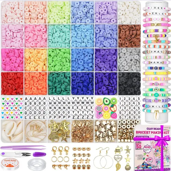 6000 Clay Beads Bracelet Making Kit, 24 Colors Flat Preppy Beads for Friendship Bracelets, Polymer Clay Bead with Charms for Jewelry Making, Crafts Gifts for Girls Ages 6-12