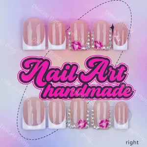 Delicatething Y2K Style Nail Set, Handmade Square Nails with Colorful Diamonds, Lip Drawings, French Design, French Tip Nails, Perfect Gift for Women, Nail Art