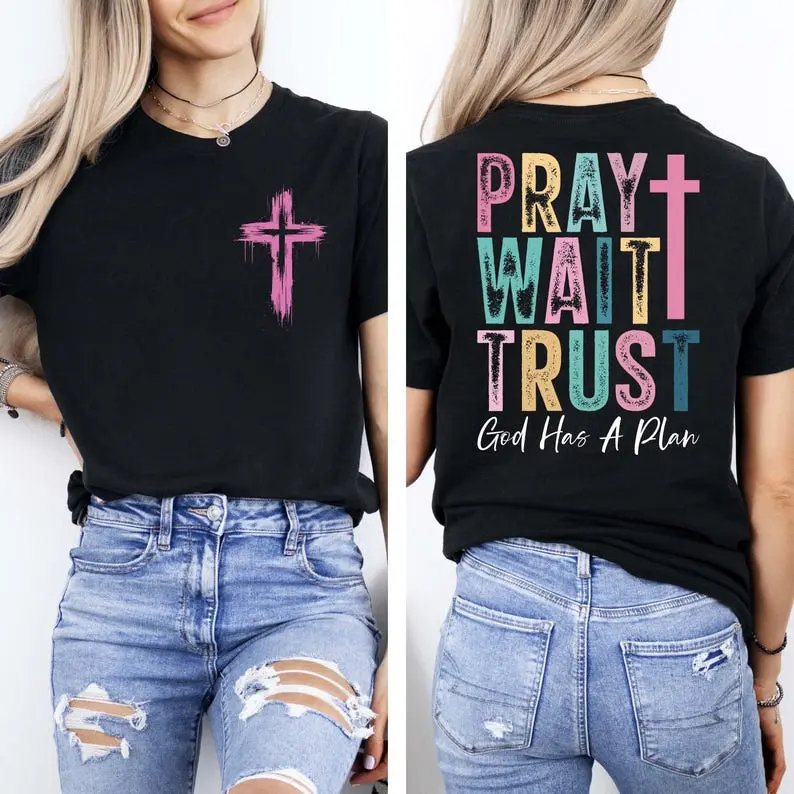 Colorful Pray Wait Trust Shirt, Religious T-Shirt, God Has A Plan Hoodie, Christian Cross Tee,Faith Based Sweatshirt,Gift For Believer Women