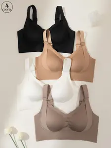 4-Pack Women's Seamless Wireless Solid Textured Bra Set, Adjustable Straps, Soft Fabric, Medium Support, Ideal for Daily Wear, Office, Gifts