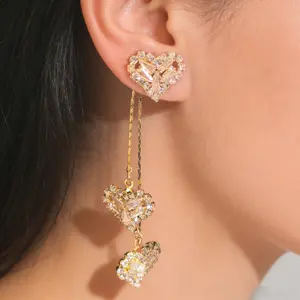 Elegant 18K Gold Plated Heart Zircon Drop Earrings 2-Way Wear Dangle Statement Jewelry Trendy Fashion Sparkly Earrings for Women Gift