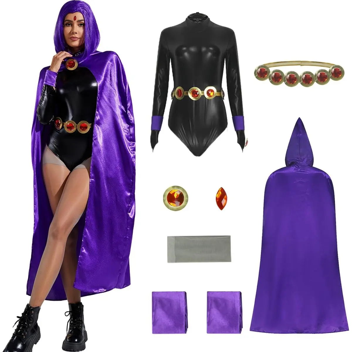 Women Raven Costume Halloween Cosplay Black Jumpsuit with Purple Hooded Cloak Bodysuit for Fancy Dress Outfits