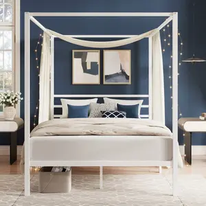 Allewie White Canopy Bed Frame, Full/Queen Size, Metal Canopy Platform Bed With 4 Posts, Mattress Foundation With Metal Slats Support, No Box Spring Needed, Noise Free, Easy Assembly