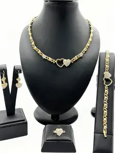 Four-Piece Women's Elegant Xo Heart Crystal Jewelry Set, Wedding Party Bride Necklace Ring Earrings Bracelet Set