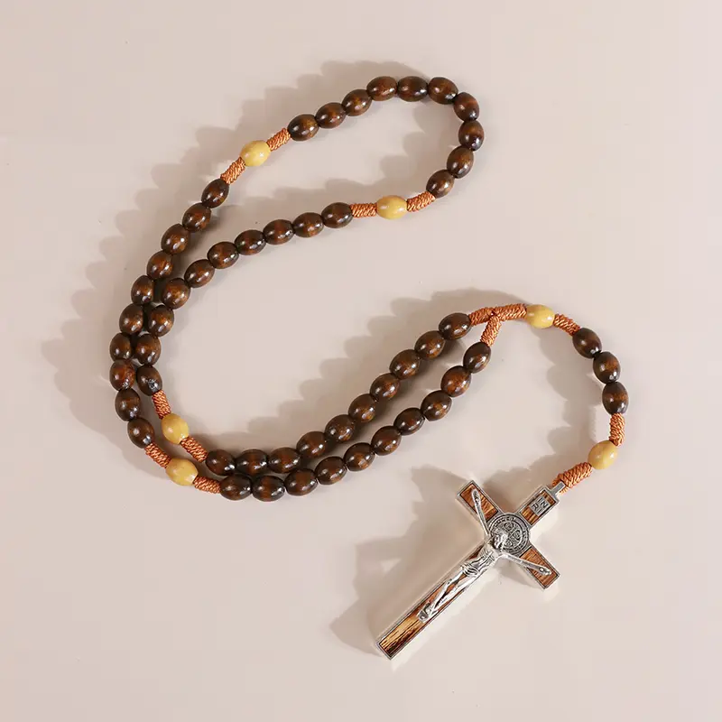 Catholic Rosary Necklace | Large Bead Rosary, Christian Prayer Beads for Car Mirror Decor, First Communion Religious Catholic Keepsake Classic 8mm Solid Wood Rosary Beads Necklace for Men Olive & Dark Wooden Strong Rugged Corded Catholic Rosary