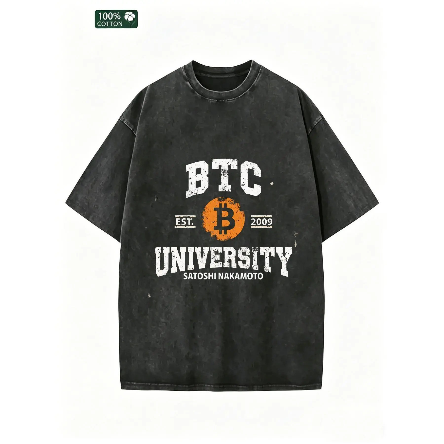 BTC University Vintage Acid Wash T-Shirt Men 100% Cotton Oversized Streetwear Tee, Retro Bitcoin Satoshi Graphic Crew Neck Summer Casual Top