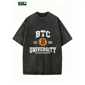 BTC University Vintage Acid Wash T-Shirt Men 100% Cotton Oversized Streetwear Tee, Retro Bitcoin Satoshi Graphic Crew Neck Summer Casual Top