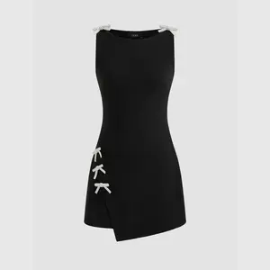 Cider [3 colors, size 0-26] Boat Neckline Solid Bowknot Wrap Mini Dress