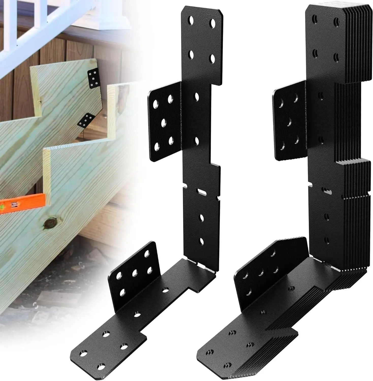 10 Pcs Black Stair Stringer Hanger Bracket, Heavy Duty 18 Gauge Adjustable Stair Stringer Hanger, Deck Stair Brackets, Stair Stringer Connector for 2x10 2x12 Stair Stringer, Tie Straps Bracket