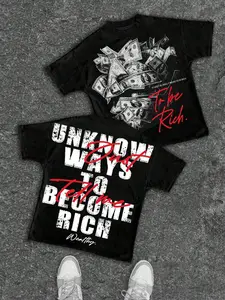 Men's Money Face Portrait Print T-Shirt, Street Style Casual Fitted Long Sleeve Round Neck, Fashion Trendy Outdoor Sports Campus Youth Tee