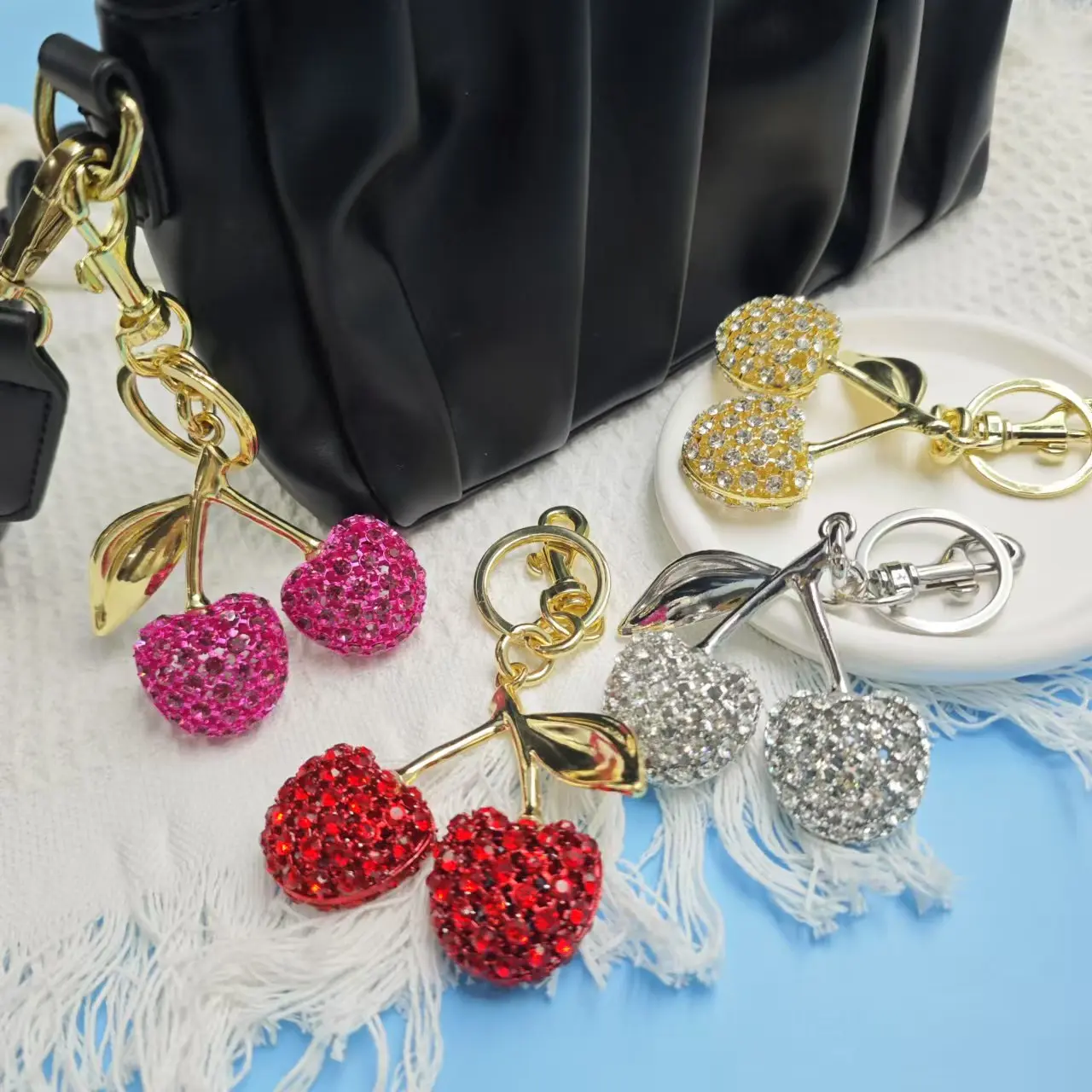 Fashion Accessories} Alloy Zircon Hollow Cherry Keychain for Girls
