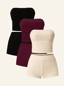 Women's Solid Ribbed Crop Top & Skinny Shorts Set, Casual Fashion Cozy Breathable Two-piece for Daily Outdoor Wear, Ladies Clothes for Summer