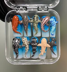 AuréNails – 3D Shark & Whale Press On Nails, Ocean Theme Handmade Nail Art Set with Realistic Sea Creatures – AN07