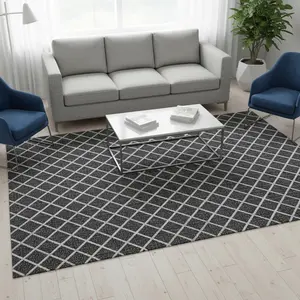 HomeRoots 645321 5 x 8 ft. Black & Ivory Geometric Transitional Washable Machine Made Rectangle Area Rug with UV Protection