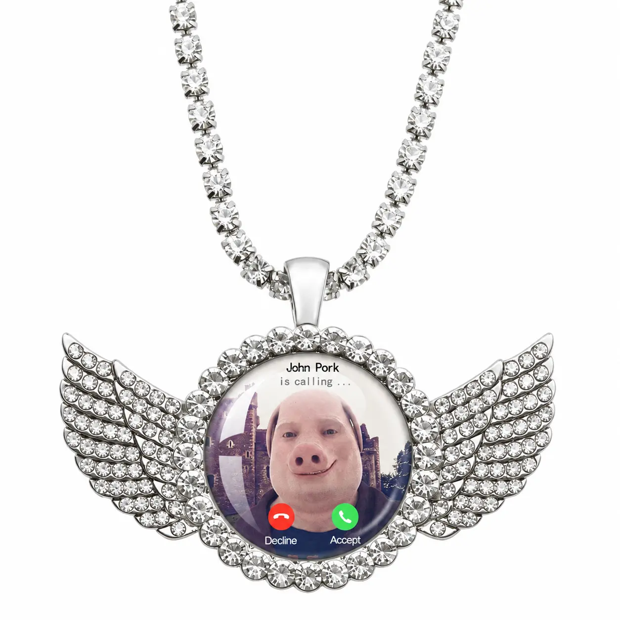 John Pork Is Calling Meme Necklace, Silver-Tone Rhinestone Angel Wing Pendant with Adjustable Tennis Chain, Funny Gift