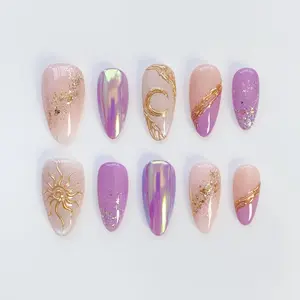 3D Chrome Purple Press on nails long almond nails/Moon nails/Star Nails/Fall nails/Glitter nails/Bling Nails/Holiday Nails/Birthday Nails