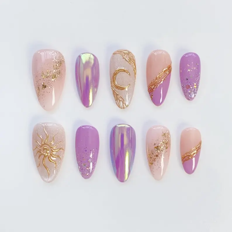 3D Chrome Purple Press on nails long almond nails/Moon nails/Star Nails/Fall nails/Glitter nails/Bling Nails/Holiday Nails/Birthday Nails