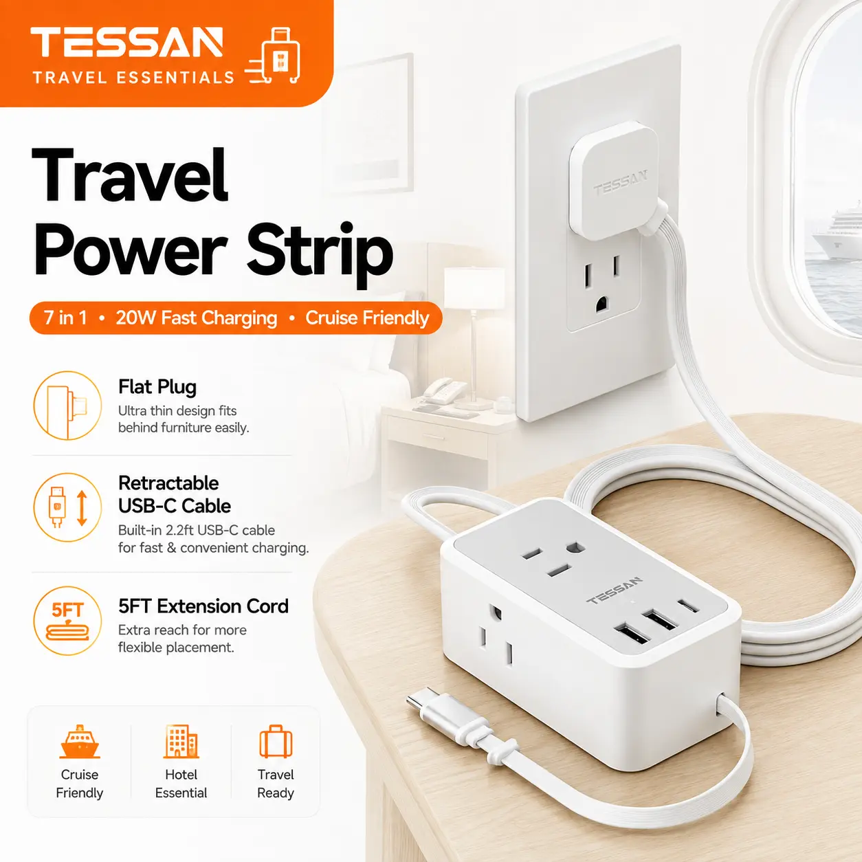 【TESSAN Small Flat Plug Power Strip】Ultra Thin Extension Cord 5 ft, Grey | 3 AC Outlets 3 USB (1 USB C), 1 Retractable USB C Cable, Wall Outlet Extender, NO Surge Protection, for Cruise Travel