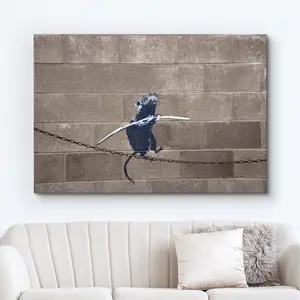 Canvas Print Wall Art Banksy Rat Balances on Chain Graffiti & Street Art Pop Culture Illustrations Pop Art Bohemian Multicolor Dark for Living Room, Bedroom, Office SHJY-01180 Ornaments Paintings