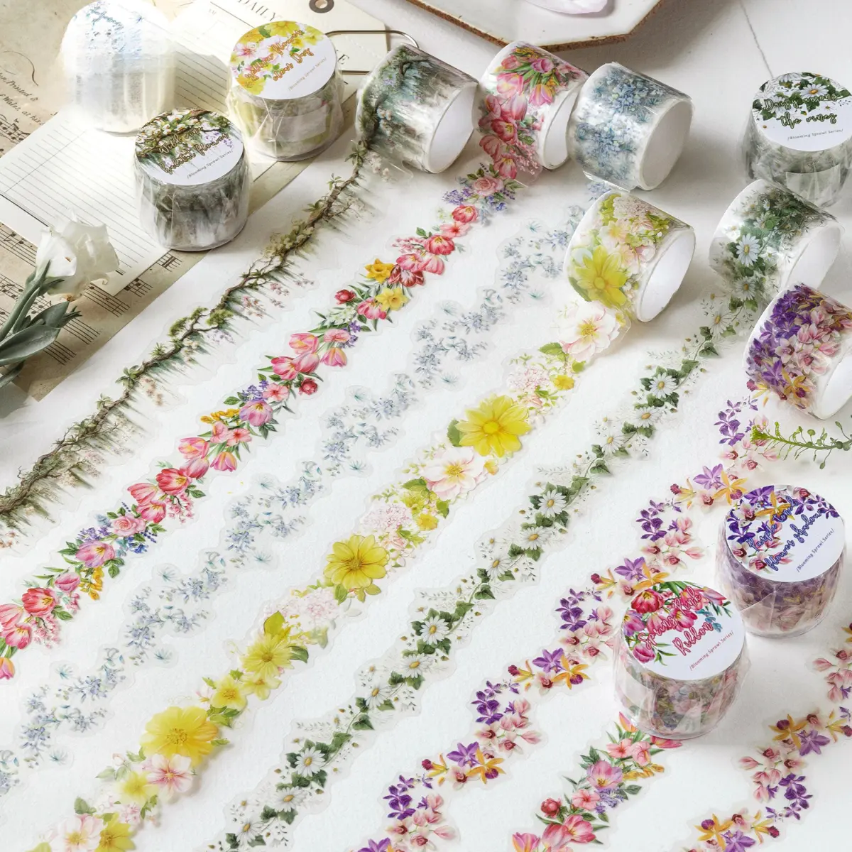 6 Pcs Vintage Alien-Themed Self-Adhesive Tape, PET Water Resistant, Retro Plant Floral Vine Design, Office Stationery for Journal Lovers, DIY Users’ Scrapbook Notebook Decoration