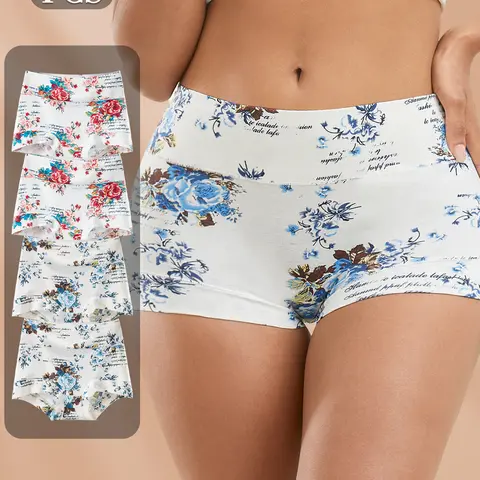 QUASTI Women's 4-Pack High-Waisted 95% Cotton Floral Fitted Panties, Soft Skin-Friendly Hip-Lifting Underwear for Women, Airy Fabric Lingerie Set, 4 pcs/2 Mix Colors, S-XXL Daily Wear