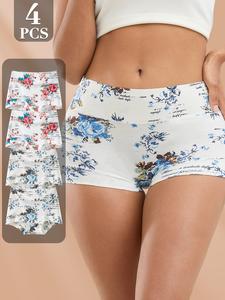 QUASTI Women's 4-Pack High-Waisted Cotton Boxer Shorts Panty Set, Soft Breathable Skin-Friendly Fabric, Floral Print, Hip-Lifting, Fashion Fitted Lingerie for Daily Wear, S-XXL