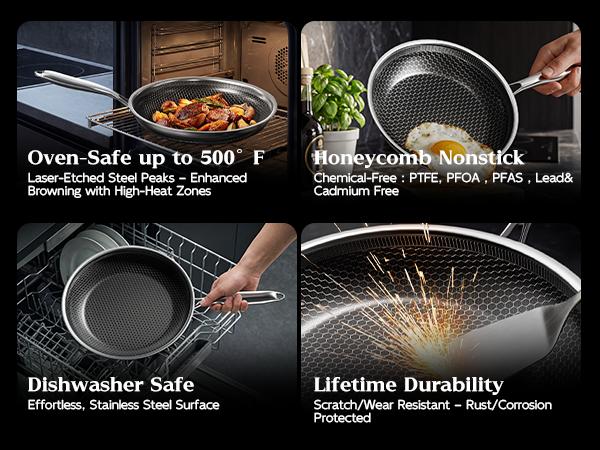 XBM Hybrid Nonstick Frying Pan with Tempered Glass Lid, Tri-Ply Stainless Steel Honeycomb Skillet, Healthy PTFE/PFOA Free Ceramic Coating, Stay-Cool Handle, Induction Ready & Oven Safe