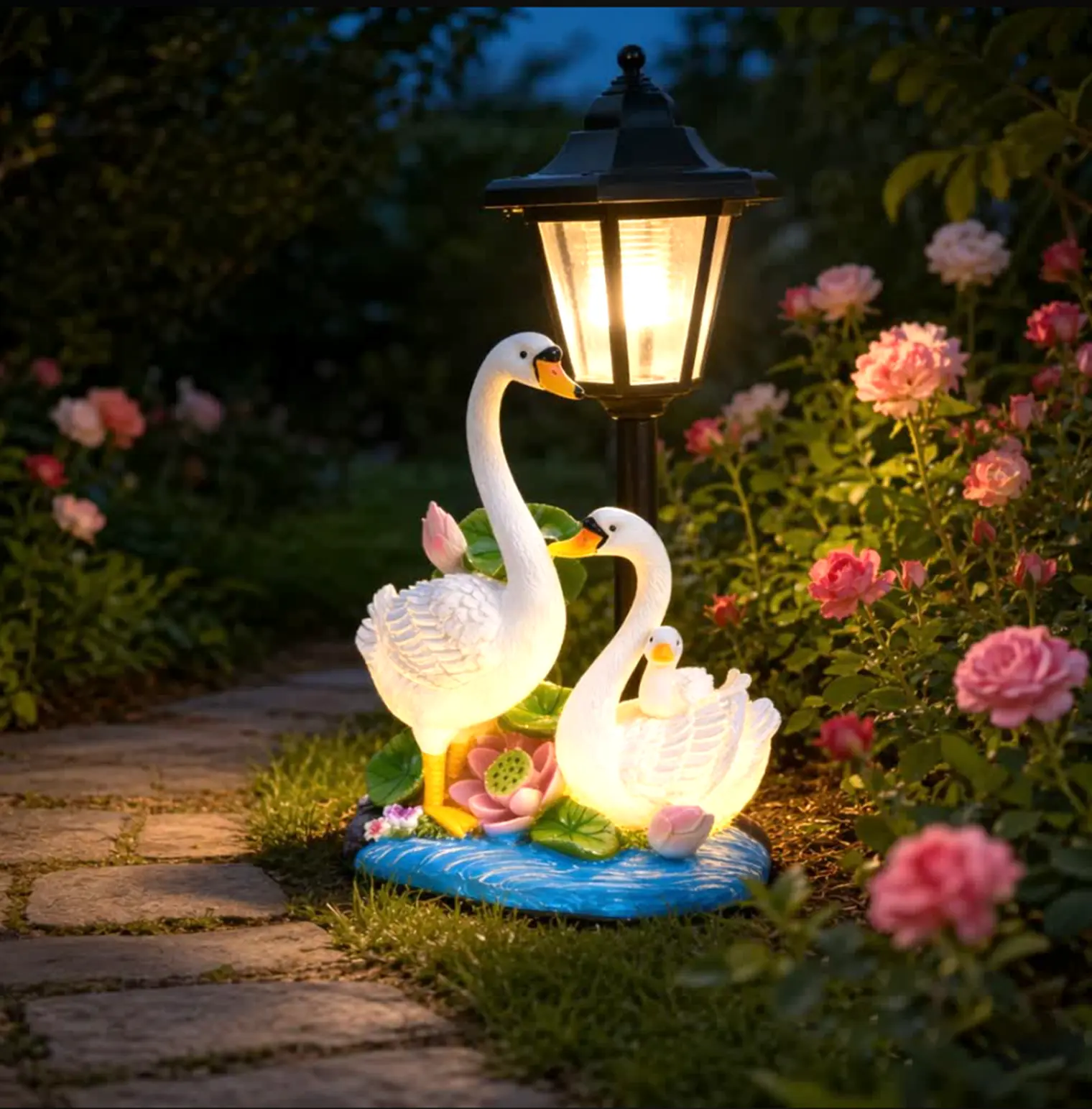 Solar White Swan Garden Statue with Vintage Lantern - Waterproof Solar-Lit Resin Figurine (Couple & Family Sets) for Lawn, Patio Home Decor