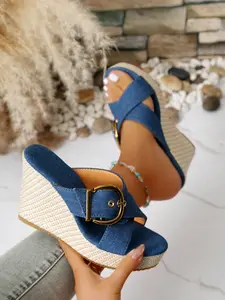 Women's New Western Denim Sandals, Summer Fashion Slip-On Wedge Sandals, Casual Vacation Daily Commute Shoes, Textile Fabric