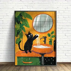 Funny Black Cat Canvas Wall Art – "Wash Your Paws" Poster, Bathroom, Kitchen, Living Room, Office & Cafe Decor, Easy to Hang