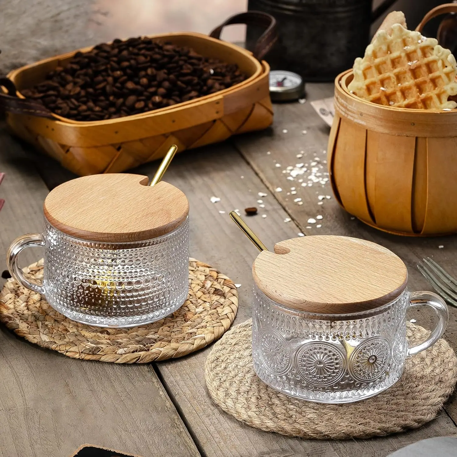 8 Pcs Vintage Coffee Mugs Set, Women Gifts – 14oz Clear Embossed Glass Cups with Bamboo Lids and Spoons, Overnight Oats Jars, Iced Coffee Glasses, Cute Coffee Bar Decor & Accessories