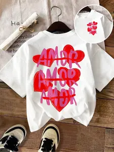 Heart Print Round Neck T-Shirt, Short Sleeve Casual Top, Everyday, Suitable for Summer and Spring, Women's Clothing, Fashionable & Comfortable