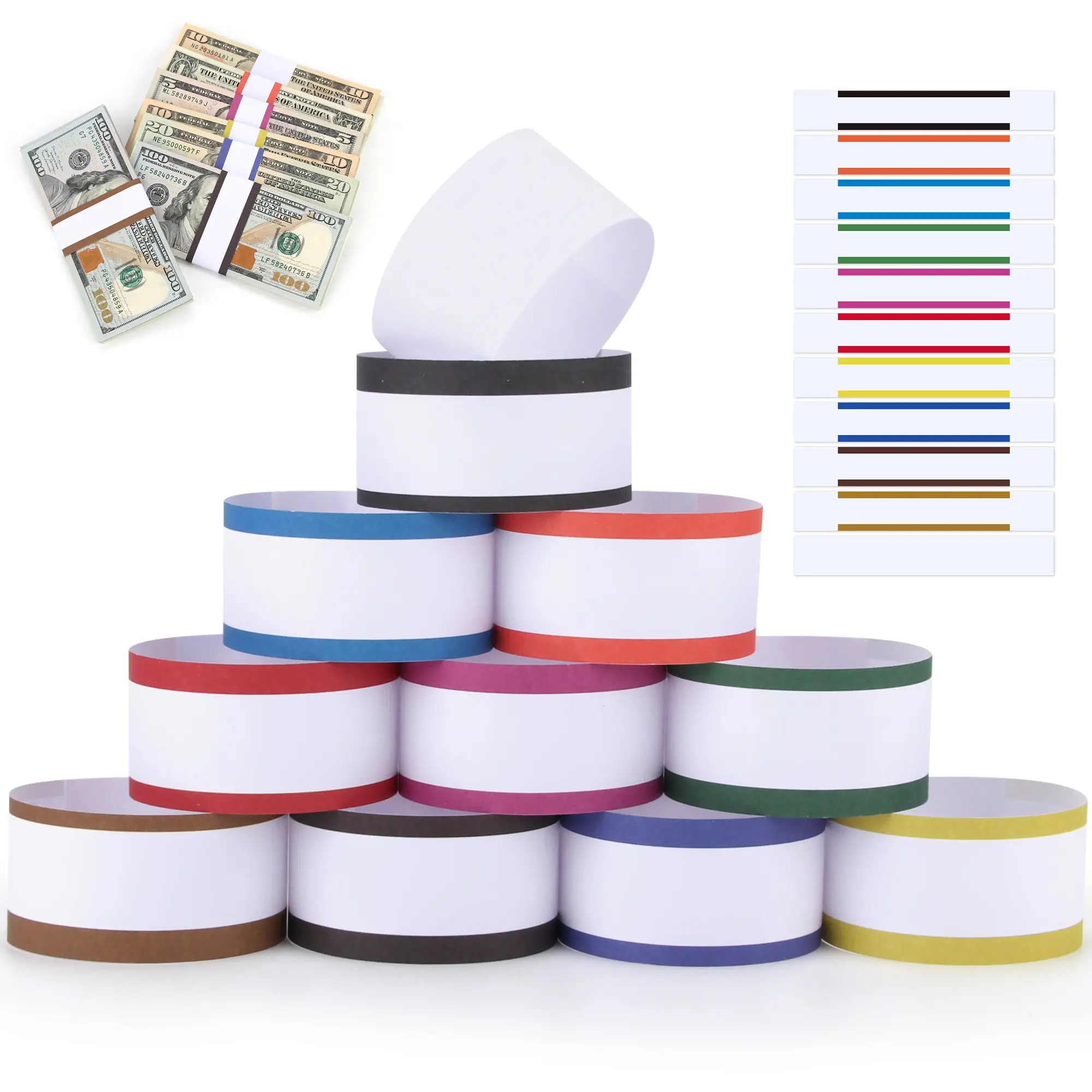 【toolupgrade】PONNOR 550-Self-Sealing Currency Straps Assortment Pack, Banknote bundling tape, 11 colors, total 550 pieces, random colors (Office Accounting Supplies)