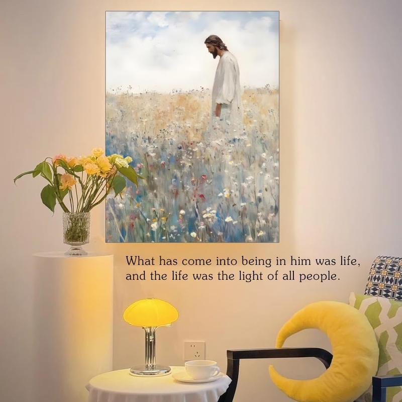 Framed Jesus Leaves the 99 Christian Canvas Wall Art Inspirational Painting of Jesus in Autumn Wildflowers Religious Faith Art Picture Print Christian Décor for Home Living Room and Church12x16in Decor Ornaments