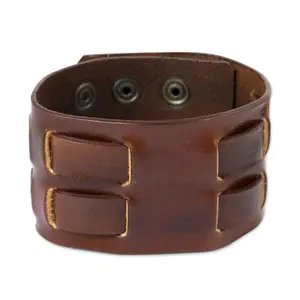 NOVICA Artisan Handmade Mens Leather Wristband Bracelet for Crafted by Brass Brown Thailand [7.75 in min L x 9.5 in max L x 1.6 in W] Rugd Weave in Brown