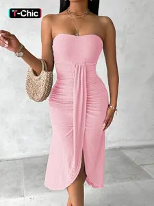 Women's Plain Eyelet Embroidery Ruched Split Thigh Tube Dress, Casual Strapless Sleeveless Long Dress for Summer, Women's Clothing for Beach Holiday Womenswear Piece