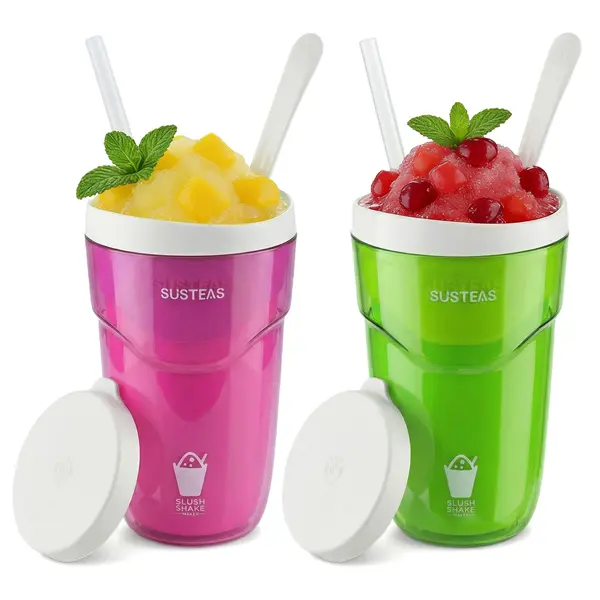 Susteas Slush Shake Maker - Reusable Freezer Cups with Lids, Spoons & Straws, Pink and Green Set for Homemade Smoothies, Slushies and Frozen Treats