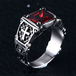 Men's Exquisite Red Zircon Cross Design Ring - Engraved Cross, Crucifix Motif, Fashionable Personalized Party Jewelry Accessory, Amulet Gift, Cross Design Rings, Engraved Cross Rings
