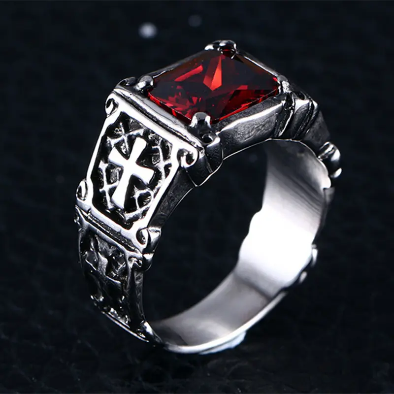 Men's Exquisite Red Zircon Cross Design Ring - Engraved Cross, Crucifix Motif, Fashionable Personalized Party Jewelry Accessory, Amulet Gift, Cross Design Rings, Engraved Cross Rings