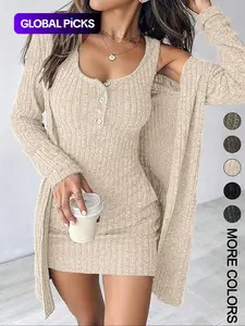 Women's Striped Knit Dress Set, Long Sleeve, Cropped, Casual Style, Comfortable Fabric, Fashion Design, Perfect for Daily Wear