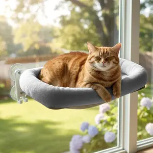 POMESEA Cat Window Perch, Cordless Cat Hammock Window Seat with Cozy Gray Pad Bed Cover, Durable Metal Frame, 6 Suction Cups Total Including 2 Bonus