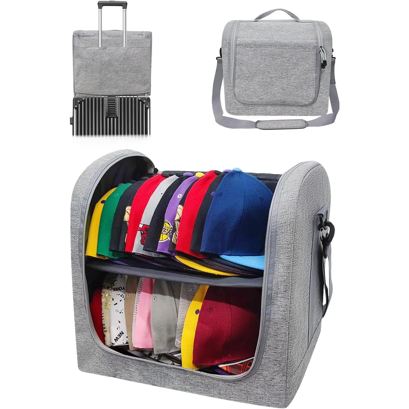Large Hat Bag for Baseball Caps, Stackable Hat Organizer Bag, Hat Travel Case, Cap Storage Bag, Portable Hat Carrier for 24 Ball Caps, Grey