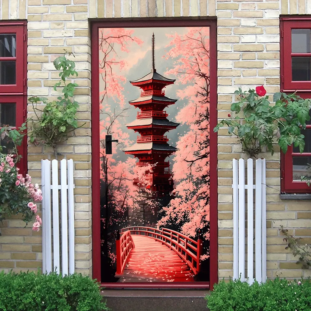 2pcs Japanese Style Sakura Pagoda Door Wall Decorative Sticker Chinese Traditional Architecture Home Decor Decal Living Room BedroomWall Art Removable Self Adhesive Waterproof Wallpaper