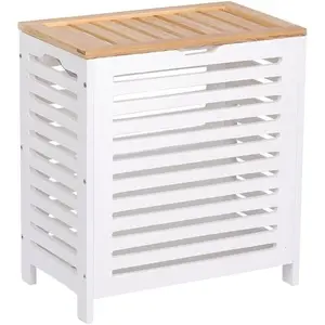Large Wooden Laundry Clothes Storage Bins, Bamboo Hamper Laundry Sorter Basket Home Organizer With Lid For Bathroom, Bedroom - White