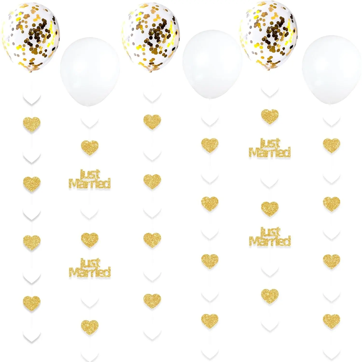 White Heart-Shape Just Married Balloon & Garland Kit - 1 Set Synthetic Latex Confetti Glittered Durable Balloon Decor for Bridal Shower Wedding Party Supplies, Just Married Garlands2, Double-Sided